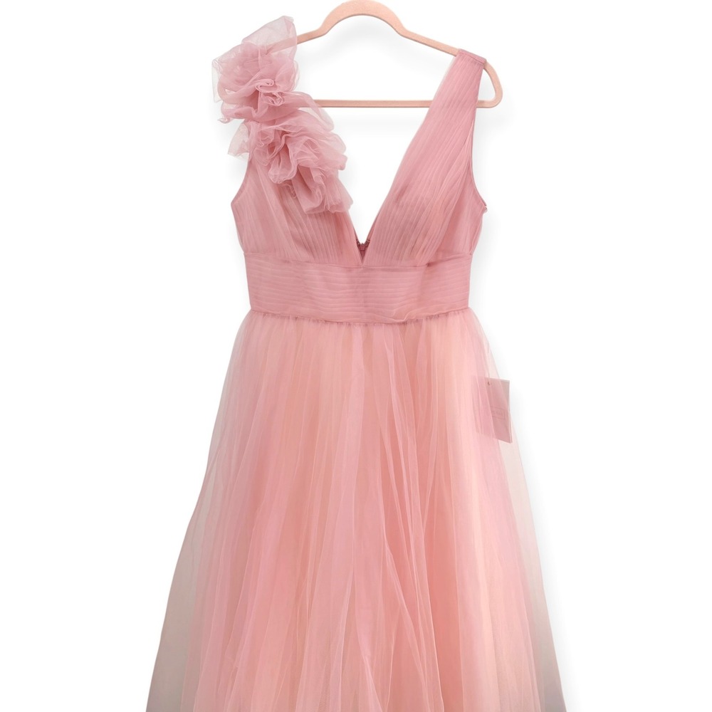 NWT Mac Duggal Pink Ruffle Shoulder V Neck Ombre Tulle Ball Gown - Size 10 - Picture 6 of 14